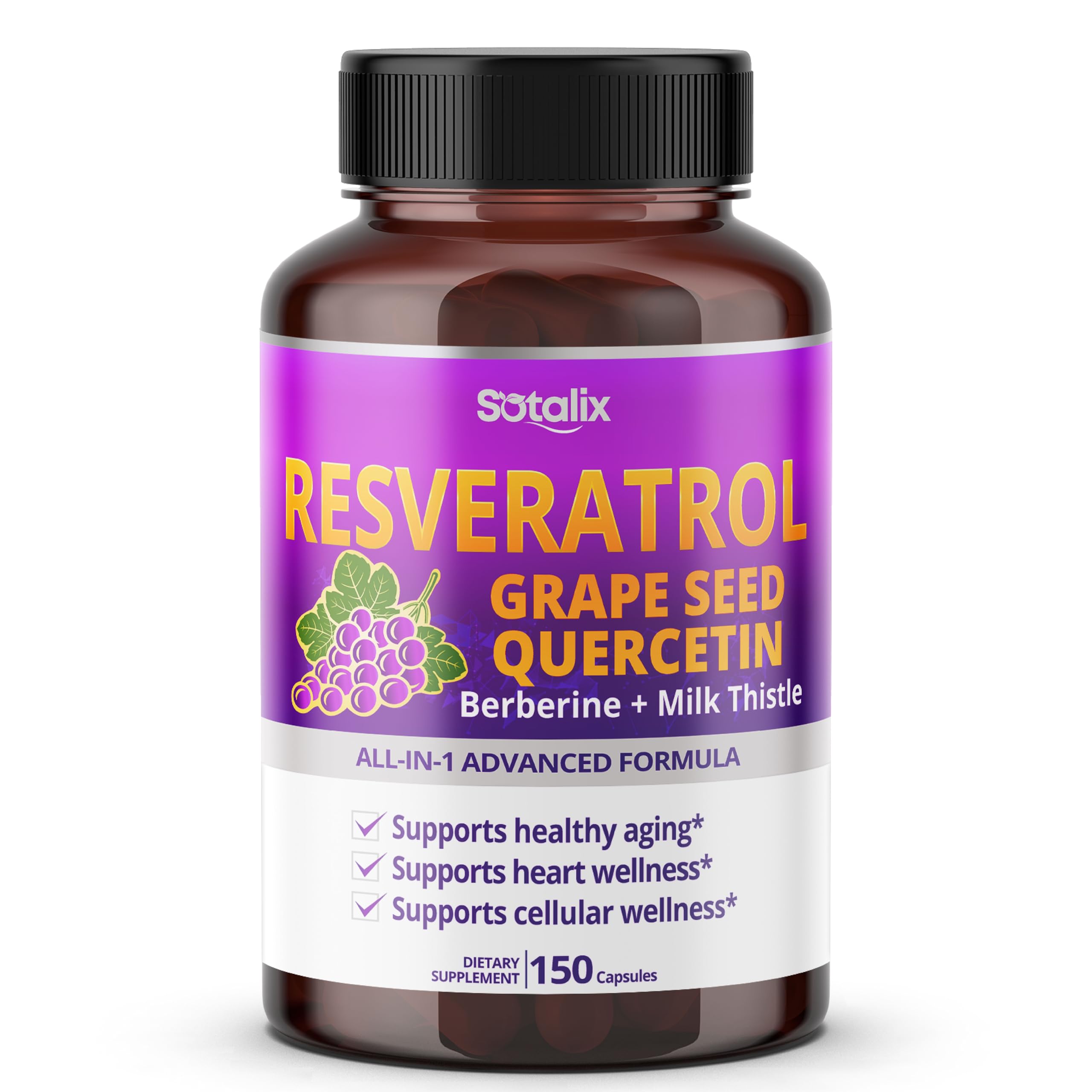 Resveratrol with Grape Seed + Quercetin Berberine + Milk Thistle Powerful Anti-Aging (150-day Supply (Pack of 1))