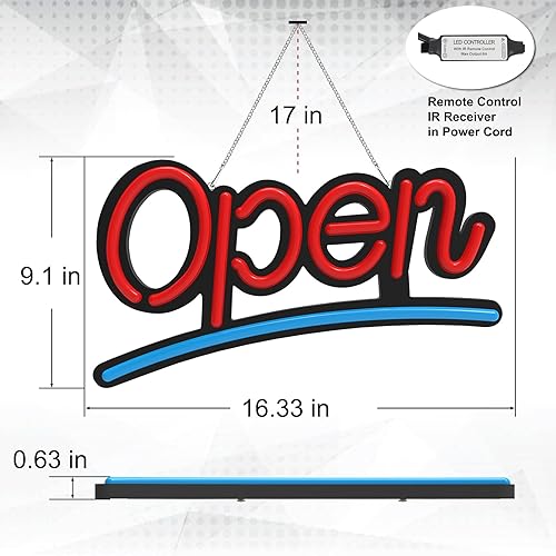 Miniatura 2 de Letrero abierto para negocios, letrero abierto LED de 16 x 9 pulgadas, 4 modos de iluminación/constante, brillo ajustable, control remoto, letrero