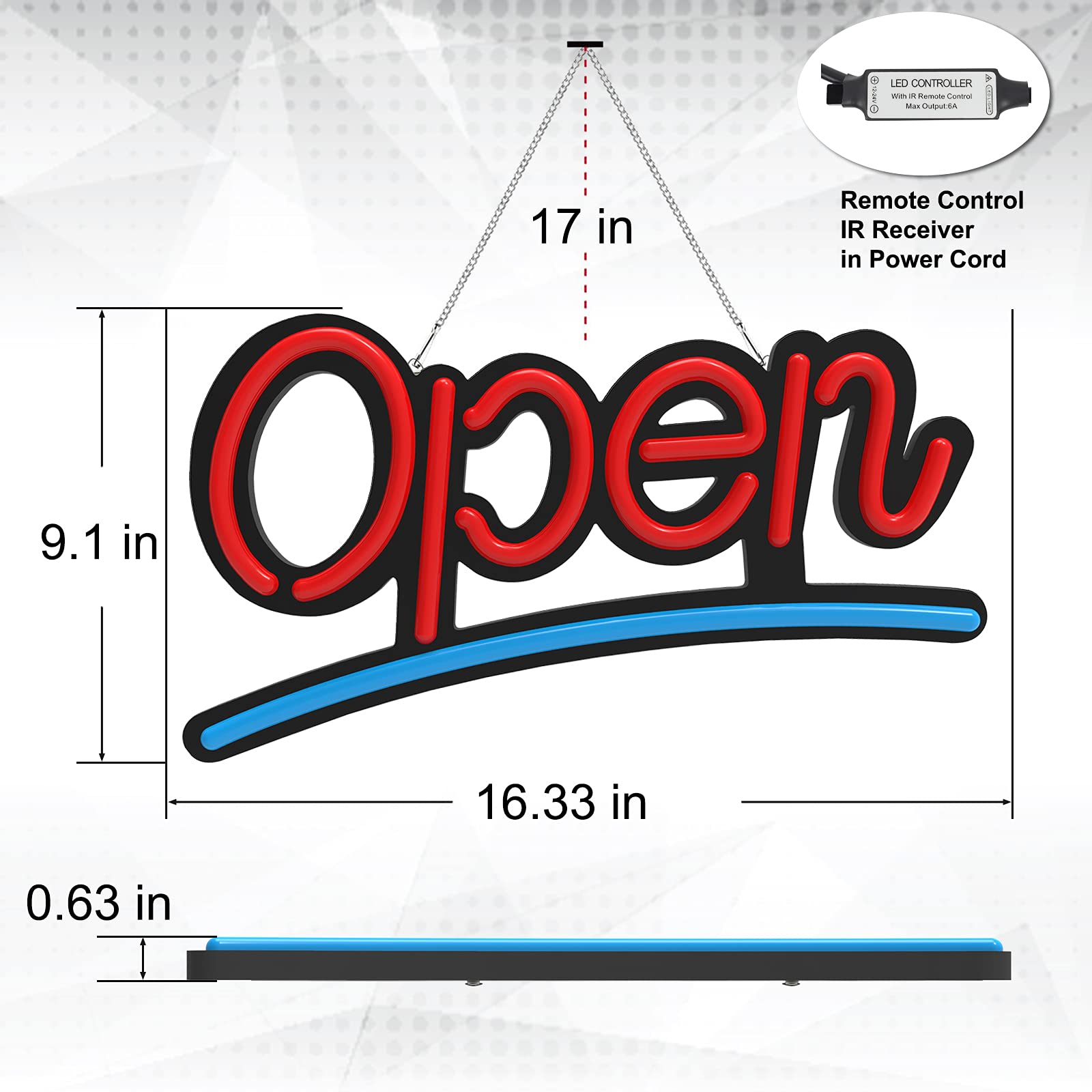 Open Sign for Business, 16x9 inch LED Open Sign, 4 Lighting Modes/Steady, Adjustable Brightness, Remote Control, Visible Neon Sign for Window or Door
