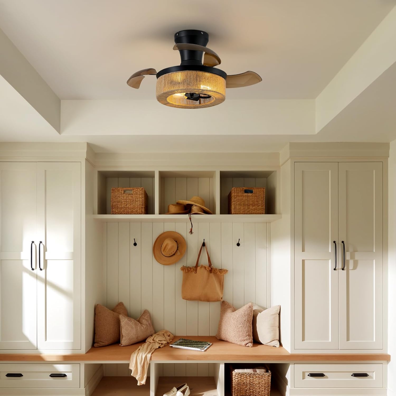 28'' Retractable Ceiling Fan with Lights, Flush Mount Small Caged Low Profile Ceiling Fan with Remote 6 Wind Speeds farmhouse Fandelier Invisible Blades for Kids Nursery Room, Bedroom, Kitchen