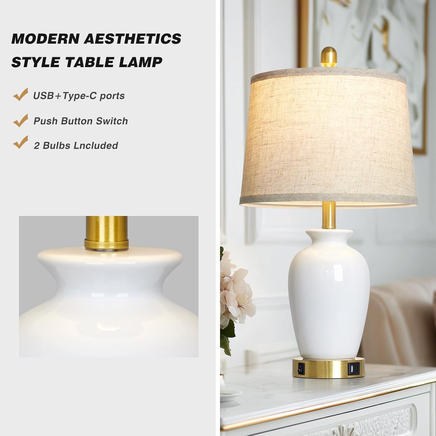 Cinkeda 23" Set of 2 White Ceramic Small Table Lamp for Living Room Bedroom,Modern Bedside Lamps Nightstand Lamp for End Table Entryway