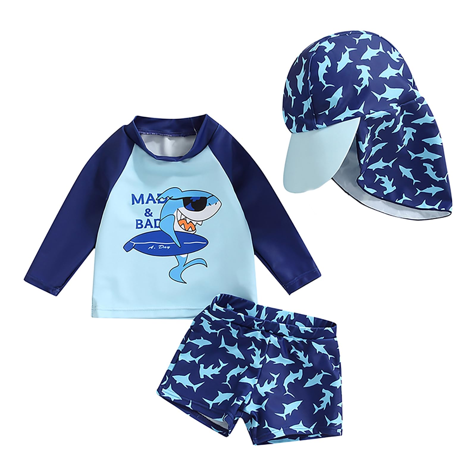 Carolilly Costume da bagno anti-UV a 3 pices, maglietta a maniche lunghe, motivo squalo, con pantaloncini da bagno+cappello da sole