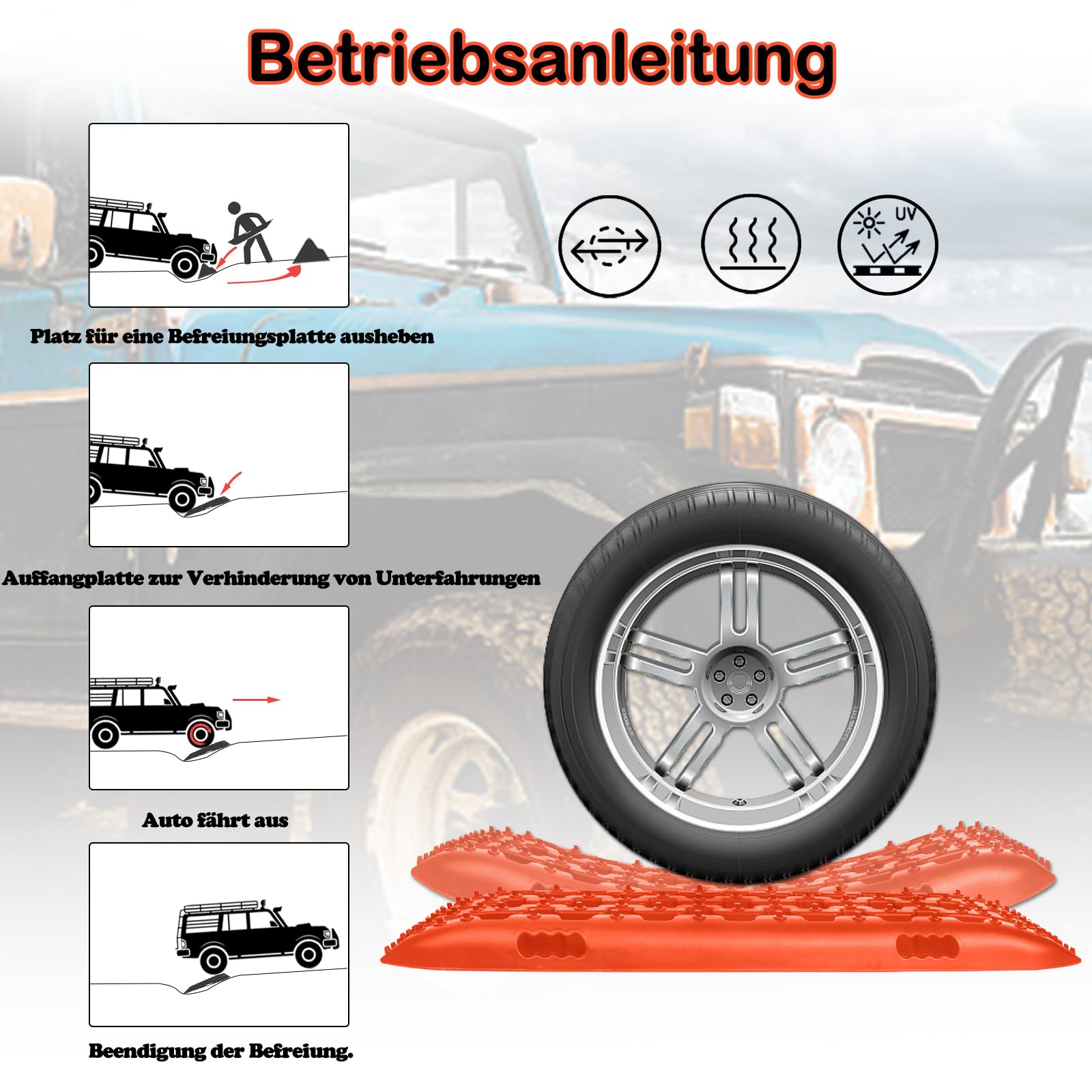 YUENFONG 2 Stück Sandbleche Anfahrhilfe mit Aufbewahrungstasche, Traktionsmatte Recovery Board 10T Last Traktionshilfe, Reifenleiter für Wohnmobil Geländewagen PKW, Orange