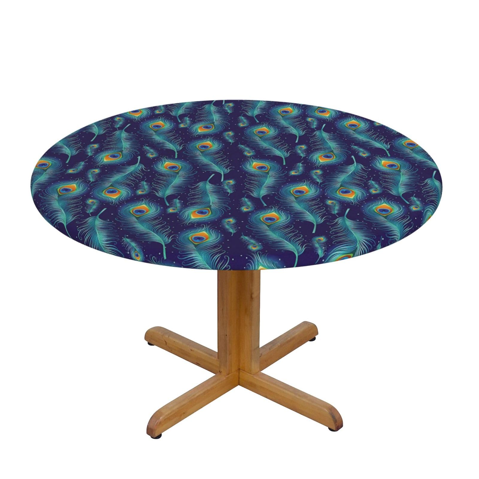 ESNAIUVCD Peacock Birds Feathers print Waterproof Round Tablecloth,Outdoor Table Cloth with Elastic Edged, Elastic Tablecloth Wipeable, Garden Table Cloth Suitable for sizes 90cm-140cm