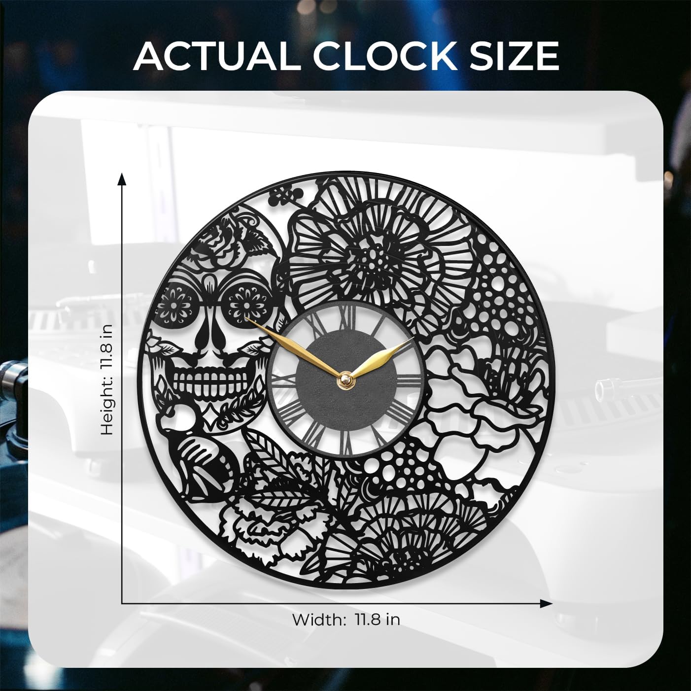Dia de Los Muertos Sugar Skull Clock – Floral Skull Wall Clock – Mexican Day of The Dead Decor – Unique Cultural Home Decoration, Black (12" Vinyl Record (Without Backlight))