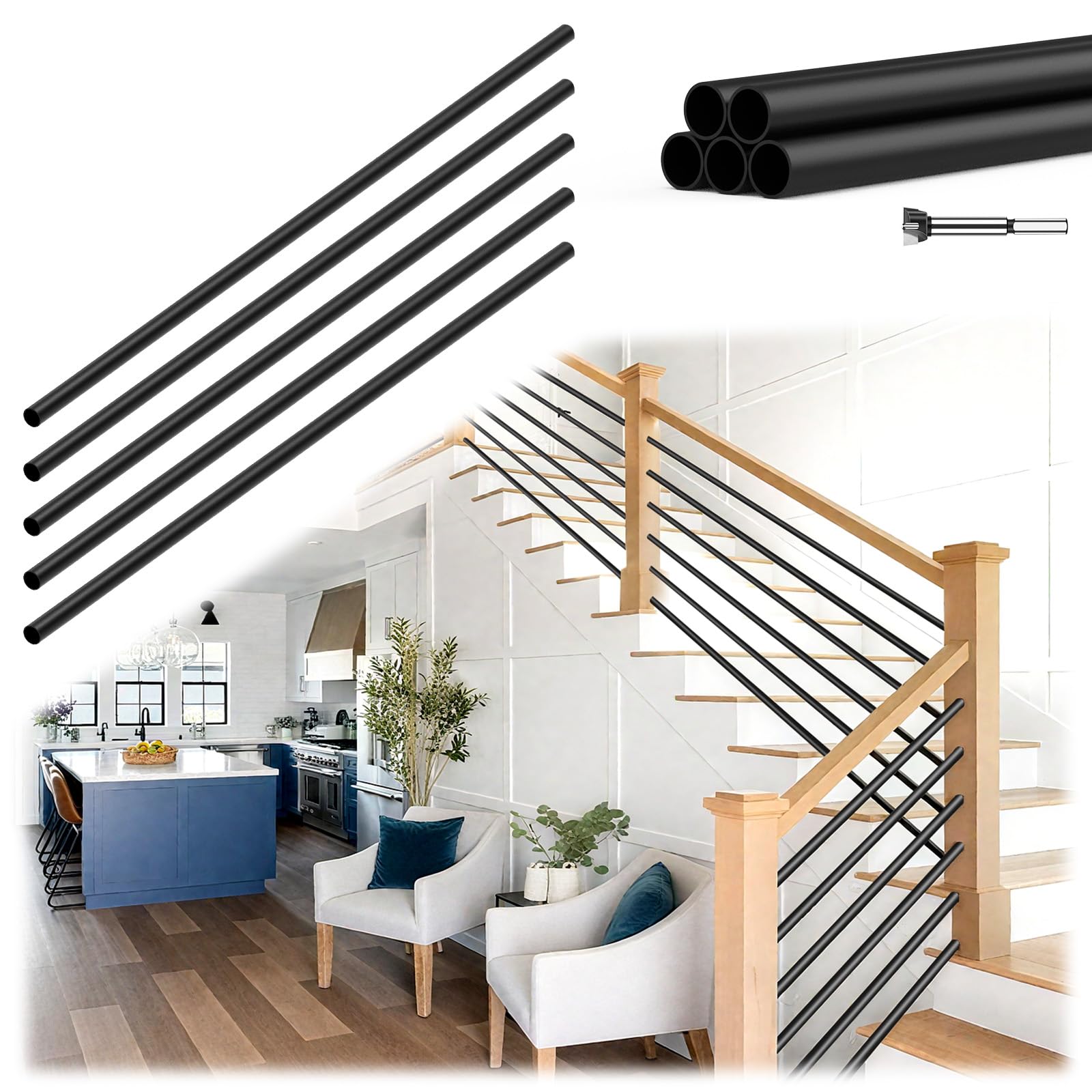 10 Pack 6 FT x 5/8 inch Iron Horizontal Balusters for Staircase Interior, Round Stair Balusters with Drill Bit, Matte Black Hollow Spindles for Staircase Indoor Lofts Hallway