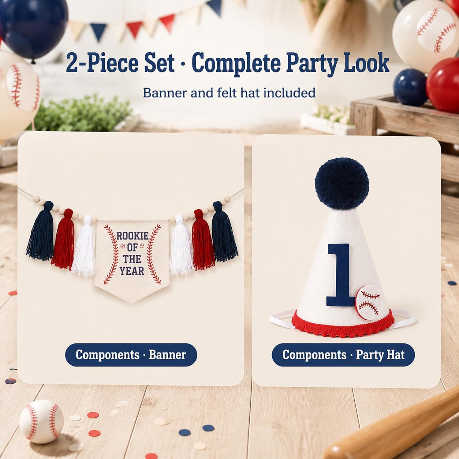 Rookie of the Year First Birthday Baseball High Chair Banner with Felt Hat