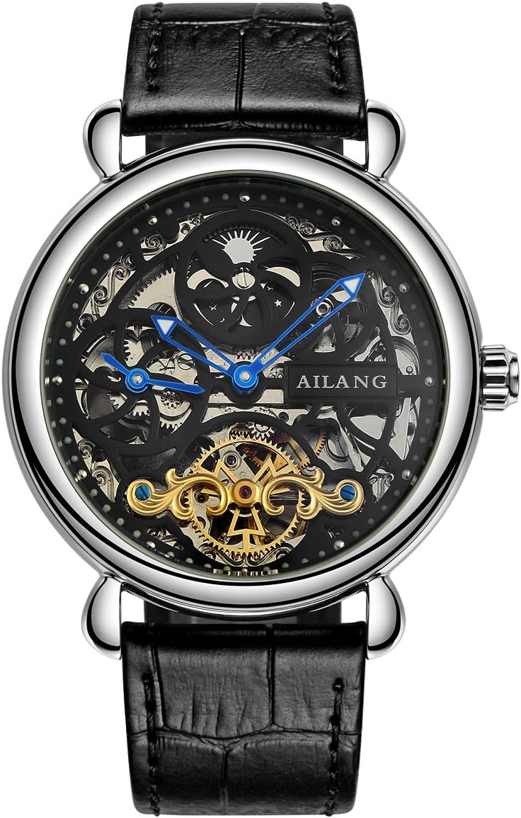 AILANG Tourbillon Skeleton Automatic Mechanical Men Watches Leather Strap AL5810 (Silver / Black)