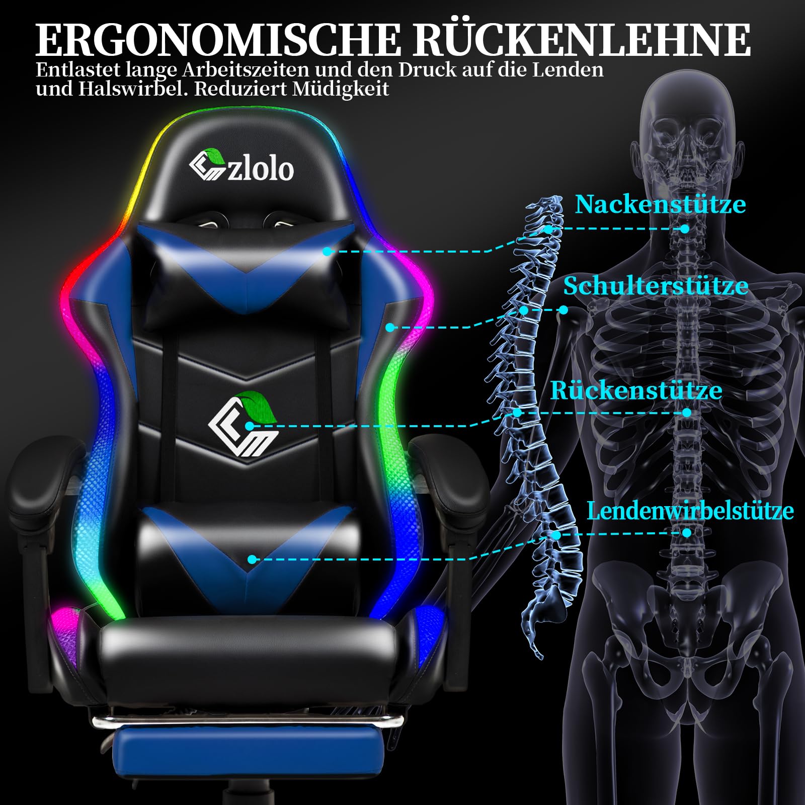 Czlolo Silla Gaming con Masajeador y LED, Silla de Estilo Racing Ergonómica Reclinable con Reposapiés y Cervical,Reposabrazos Acolchados, Ruedas 360°, para Adultos y niños,Azul