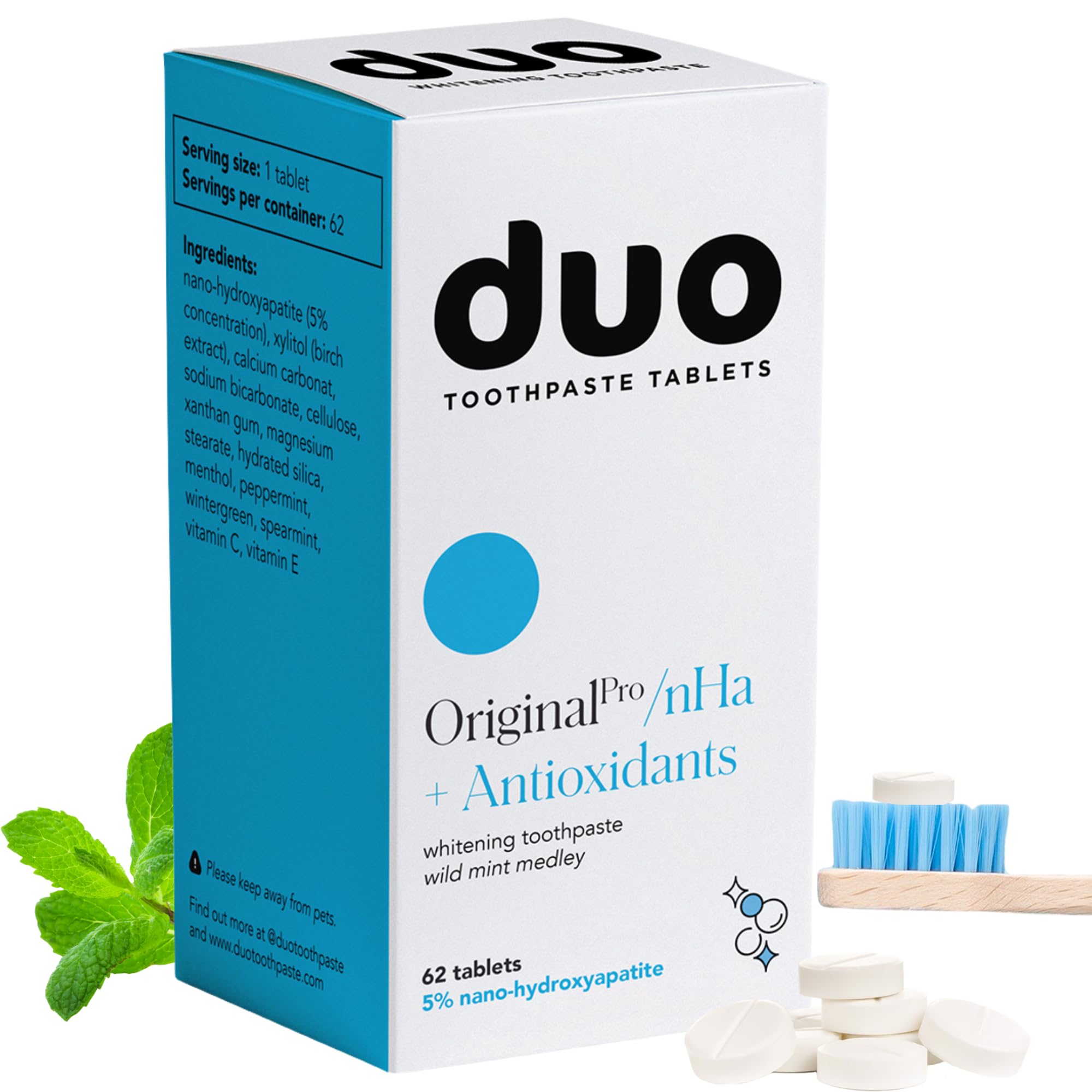 Duo Natural Whitening Toothpaste Tablets | Nano-Hydroxyapatite (nHa) to Remineralize & Reduce Sensitivity | Sustainable & Plastic Free | Dentist Created | Wild Mint Medley - 1 Bottle / 62 Tablets