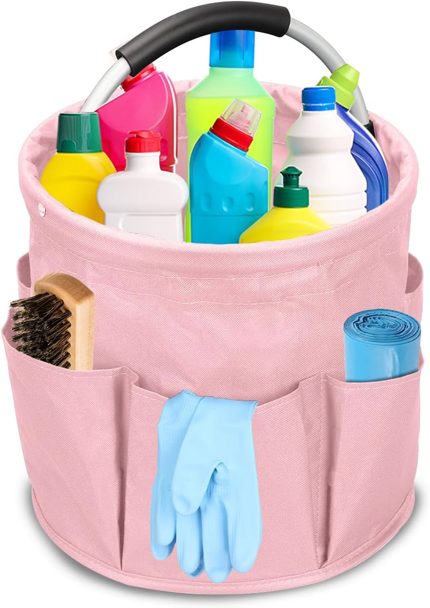 17L Cleaning Caddy with Handle, Collapsible Tool Basket, Cleaning Caddy Organizer, Cleaning Supplies Storage Box, for Home, Auto, Garden, Fishing Tools (Pink)