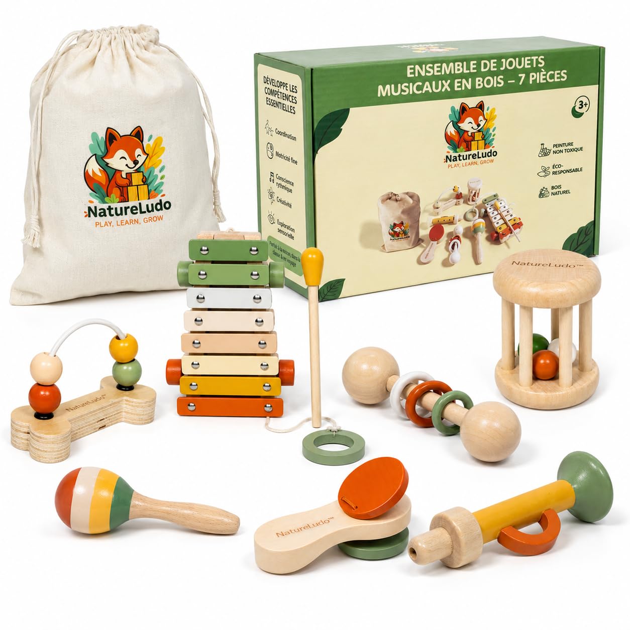 Instruments de Musique Enfant en Bois - 7 Pièces Montessori | xylophone maracas bébé - idée cadeau noël et anniversaire dès 3 ans