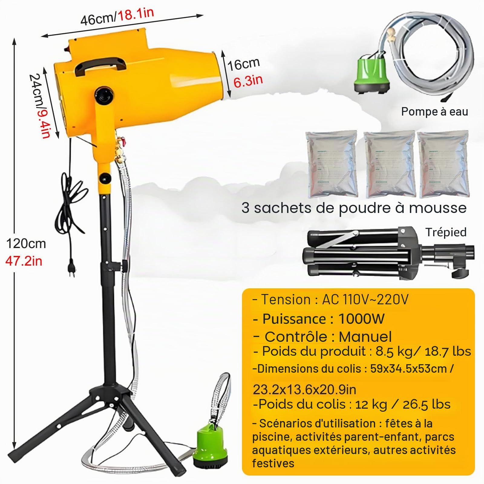 Grande Machine à Mousse, Canon a Mousse Haute Puissance 1000W, Machine a Bulle à Angle Réglable pour Fête en Plein Air, Baignade Estivale pour Enfants, Distance de 6 à 10 m/Zone de 80 ㎡ Black