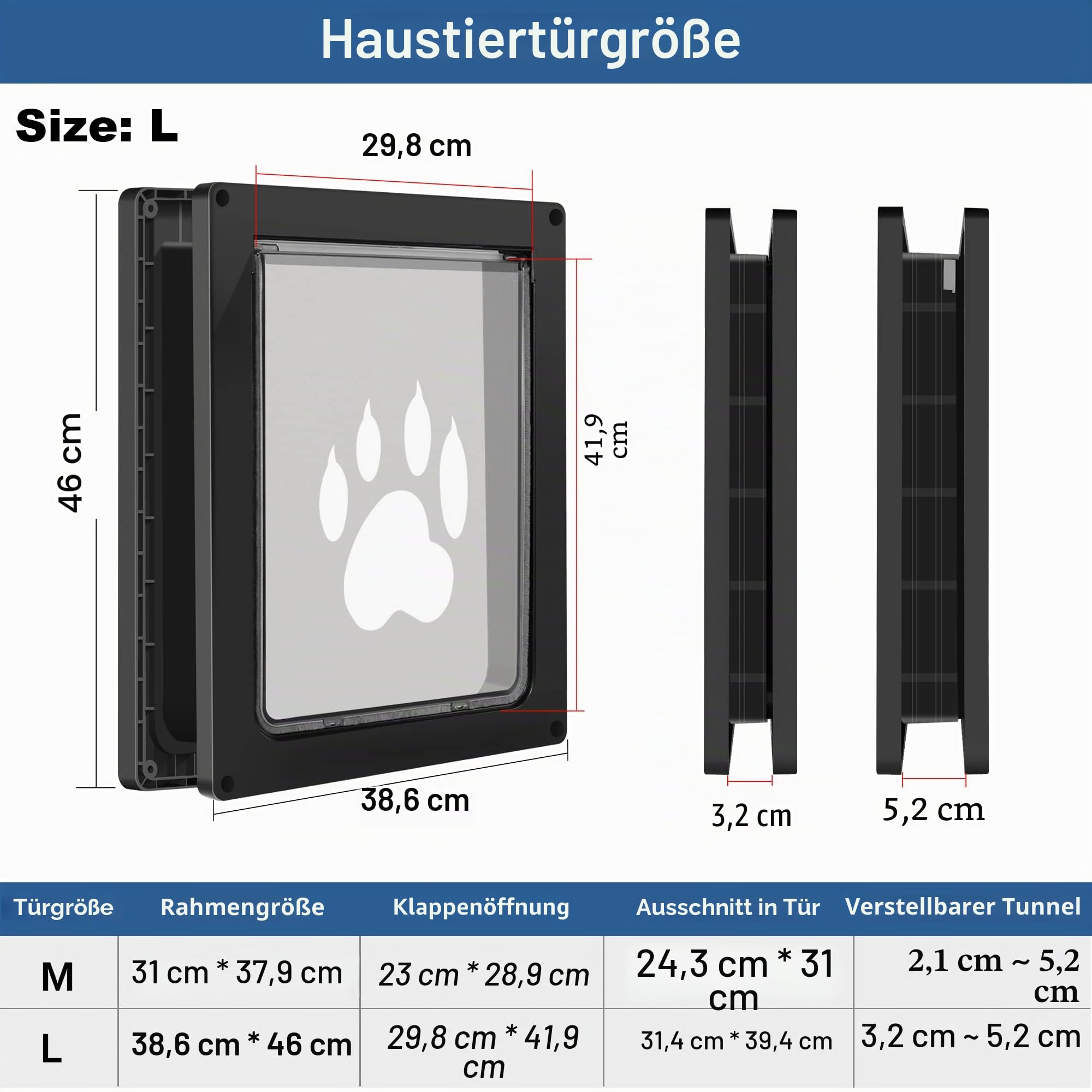 CEESC Hundeklappe für große Hunde, Wetterfeste Pet Door für Katzen und Hunde bis zu 45 KG, Haltbare, Snap-In Schließplatte Inklusive, Geeignet für Innen- und Außentüren (groß, schwarz
