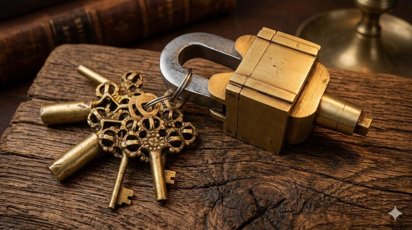 Handmade Brass Square Shape Door Lock Antique Style Tricky Puzzle Fully Functional Padlock with 6 Keys (3 x 2 Keys)