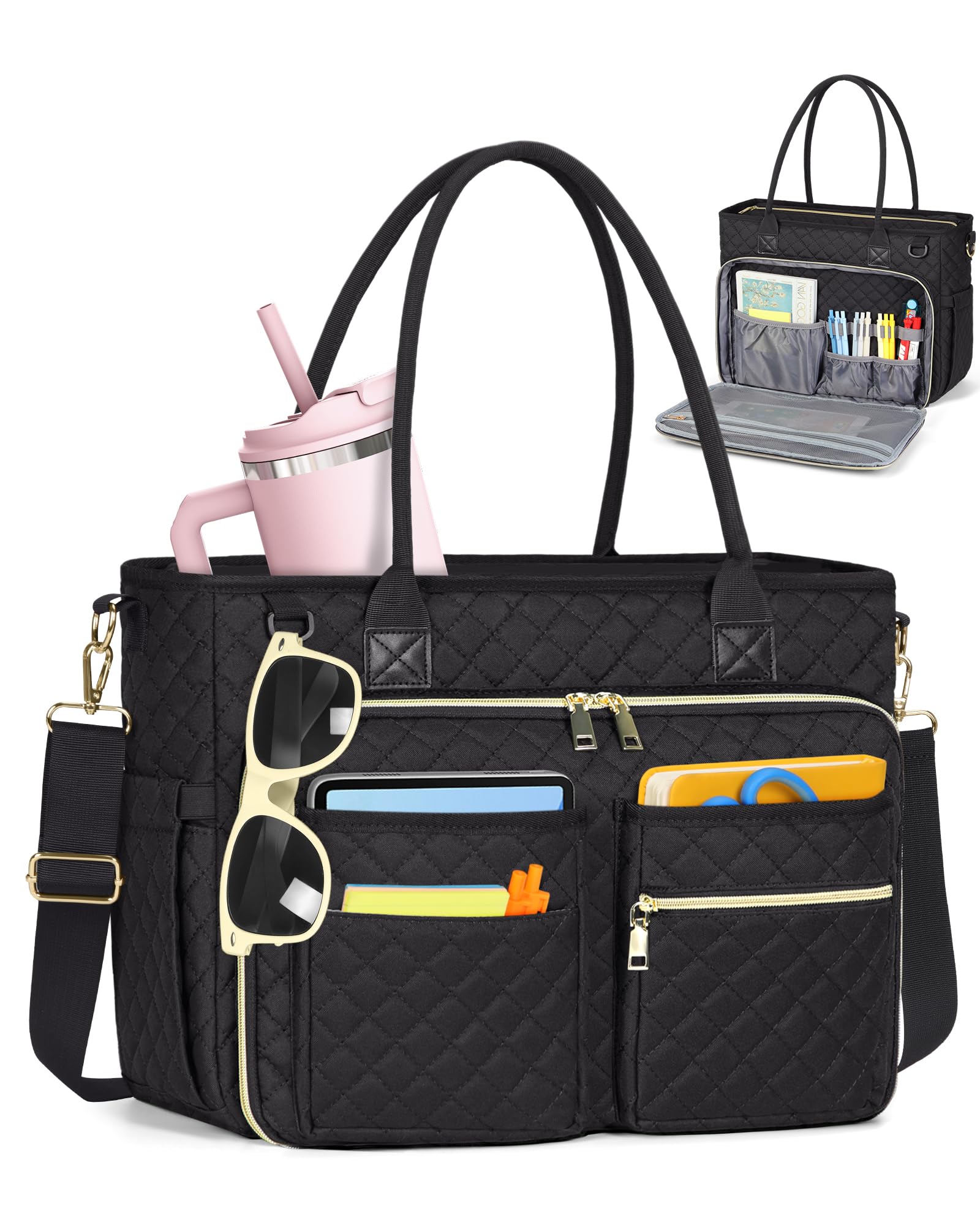 RAINSMORE Sac Ordinateur Femme 15.6 Pouces Grand Sac de Professeur Fourre-tout Sac à Main Cabas de Travail Chic pour Enseignante, Infirmière et Étudiante, Sacoche avec Poche Isotherme