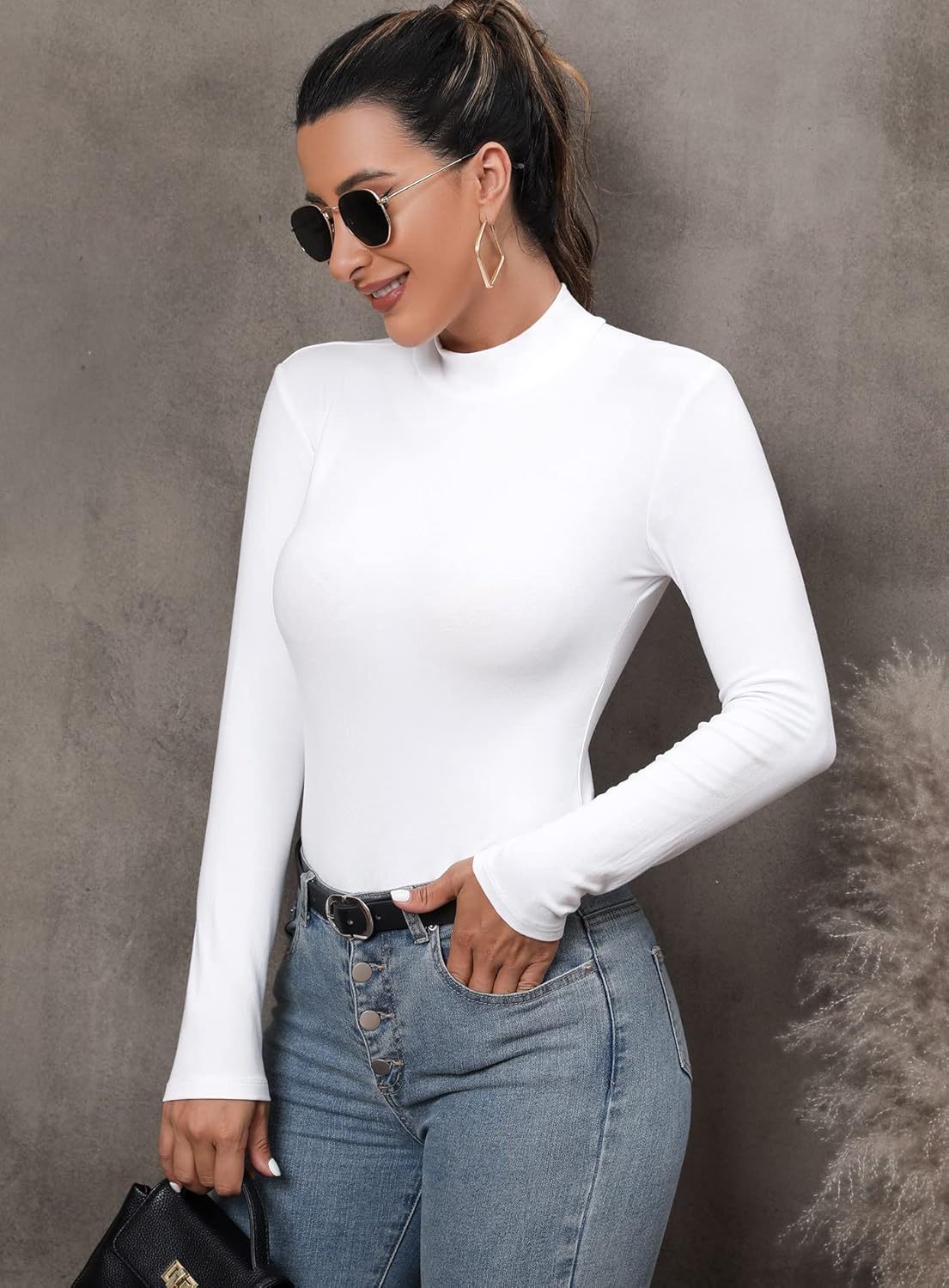 UNTYHOTS Mock Turtle Neck Long Sleeve Bodysuits for Women Shirts Tops - Image 3