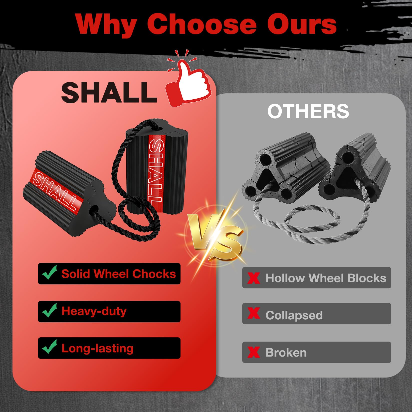 SHALL Cunei per ruote, in gomma resistente, con 3 strisce riflettenti, blocco solido per camper, camion, auto, aerei, confezione da 2 paia/4 pezzi con corda, rosso