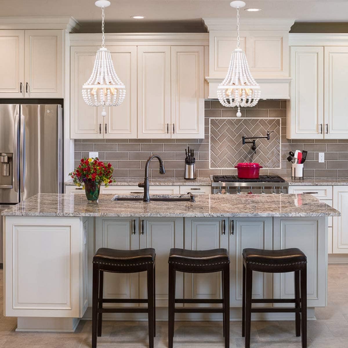 Crеаtіvе Prоduсt ALICE HOUSE 14.2 Wood Bead Chandeliers, Rustic White Finish, 3 Light Wood Beaded Pendant Light for Dining Room, Kitchen, Entryway and Bedroom, ETL Listed, AL9031-P3