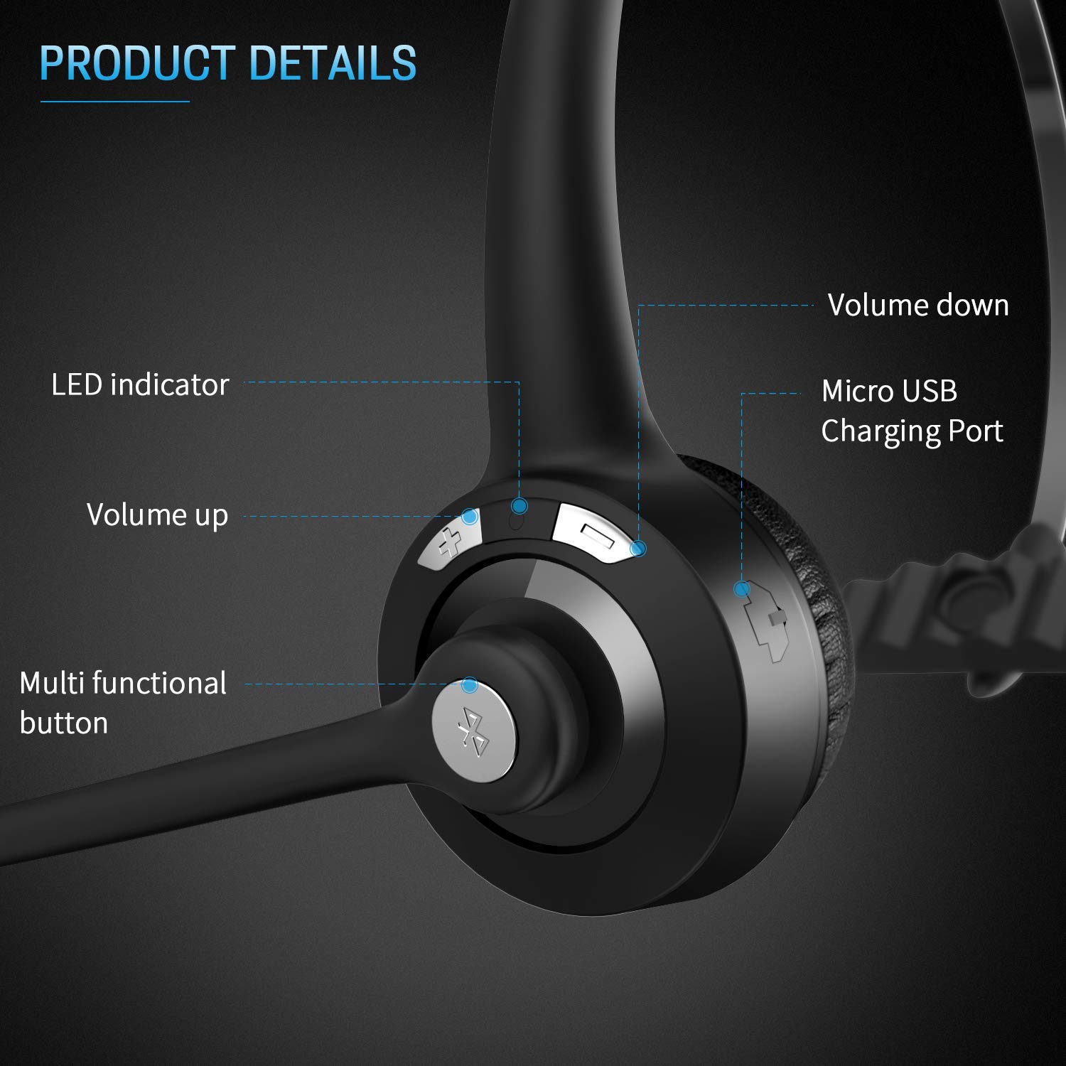 ShinePick Cuffie Bluetooth senza fili con microfono, cuffie on-ear con cancellazione intelligente del rumore, per camion, PC, ufficio, Skype, call center