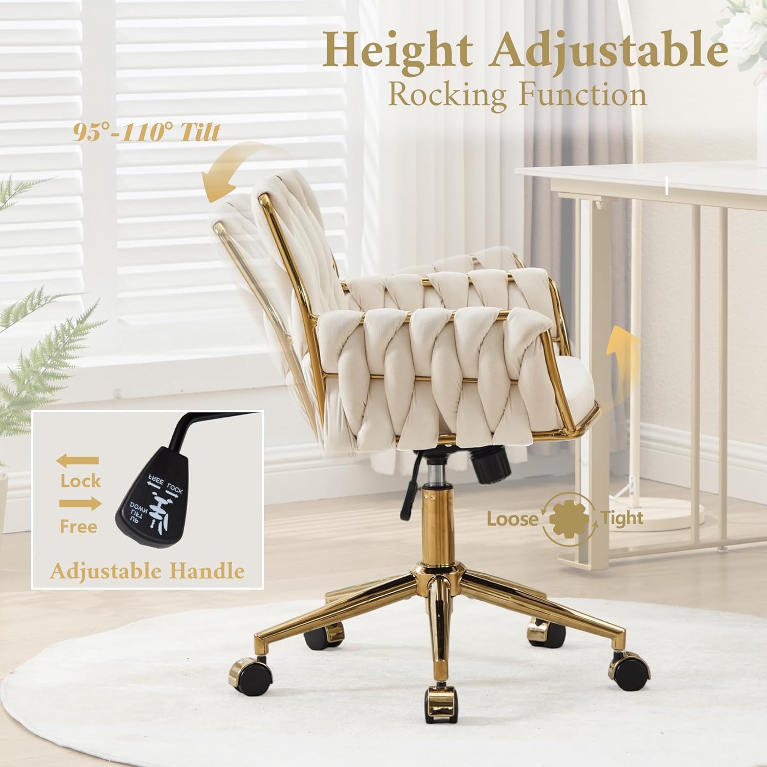 civama Velvet Office Desk Chair with Hand Woven Backrest, 360°Swivel & Height Adjustable Cute Girls Vanity Vlog Chairs, Nail Salon Bedroom Dressing Room Armchair with Gold Base and Wheels (Beige)