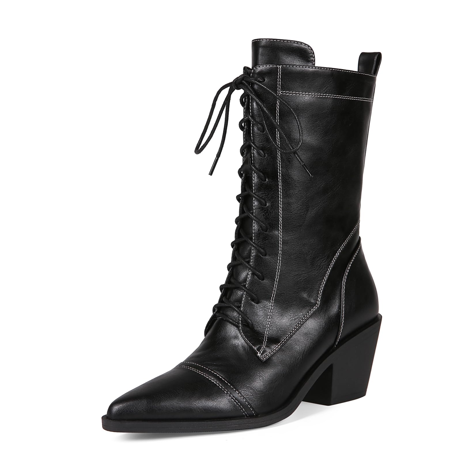 Womens Black Lace-up Combat Boots Side Zipper Chunky Heel Winter Mid-calf Boots
