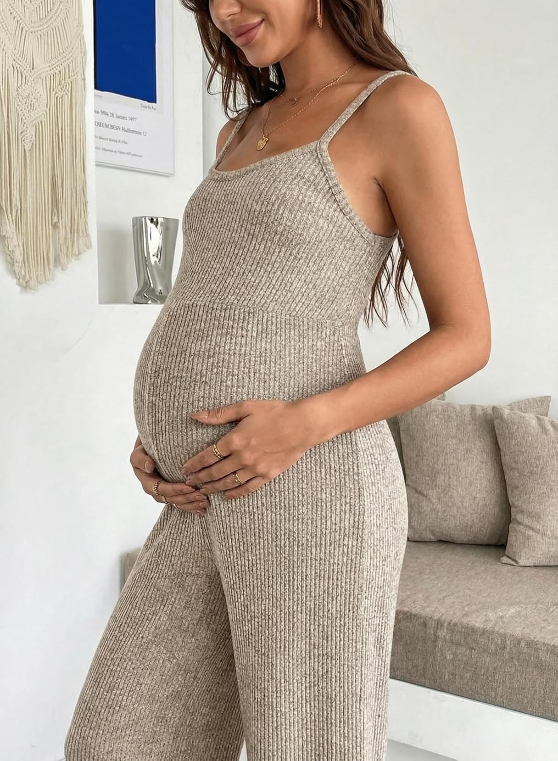 BLENCOT Maternity Ribbed Jumpsuit Sleeveless Square Neck Wide Leg Stretchy One Piece Romper