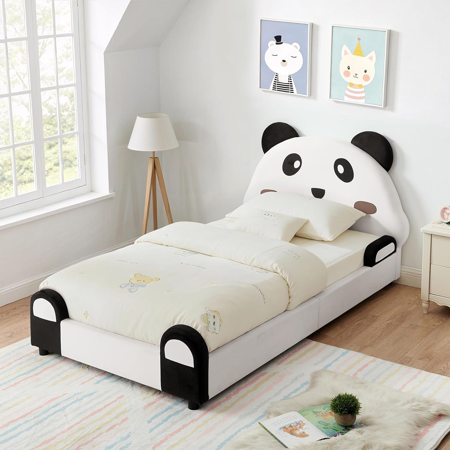 Antetek Twin Bed Frame for Kids with Cute Cartoon Panda Headboard, Velvet Upholstered Comfy Platform Bed Frame for Girls Boys, Sofa Bed Low Profile Single Bed, No Box Spring Needed, Beige