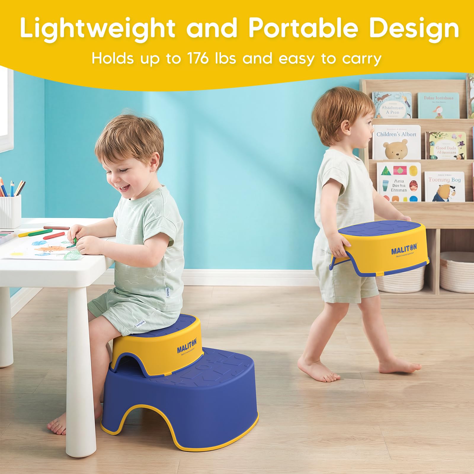 Rehausseur Toilette Enfant avec 2 Marches Pied Transportable, Reducteur Toilette de 1 à 8 Ans garçons et Filles, Coussin Anti-éclaboussures Reducteur de WC avec Marche Pied Bébé (Bleu-Jaune)