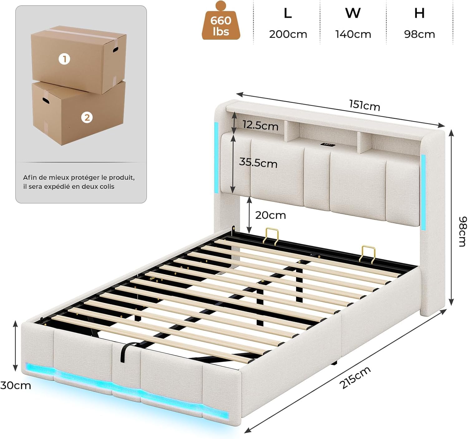 AOGLLATI Letto Matrimoniale con Contenitore 140x200 cm, Struttura Letto Matrimoniale con Illuminazione a LED e Stazione di Ricarica, Letto Imbottito con Sollevamento Idraulico e Testiera, Beige