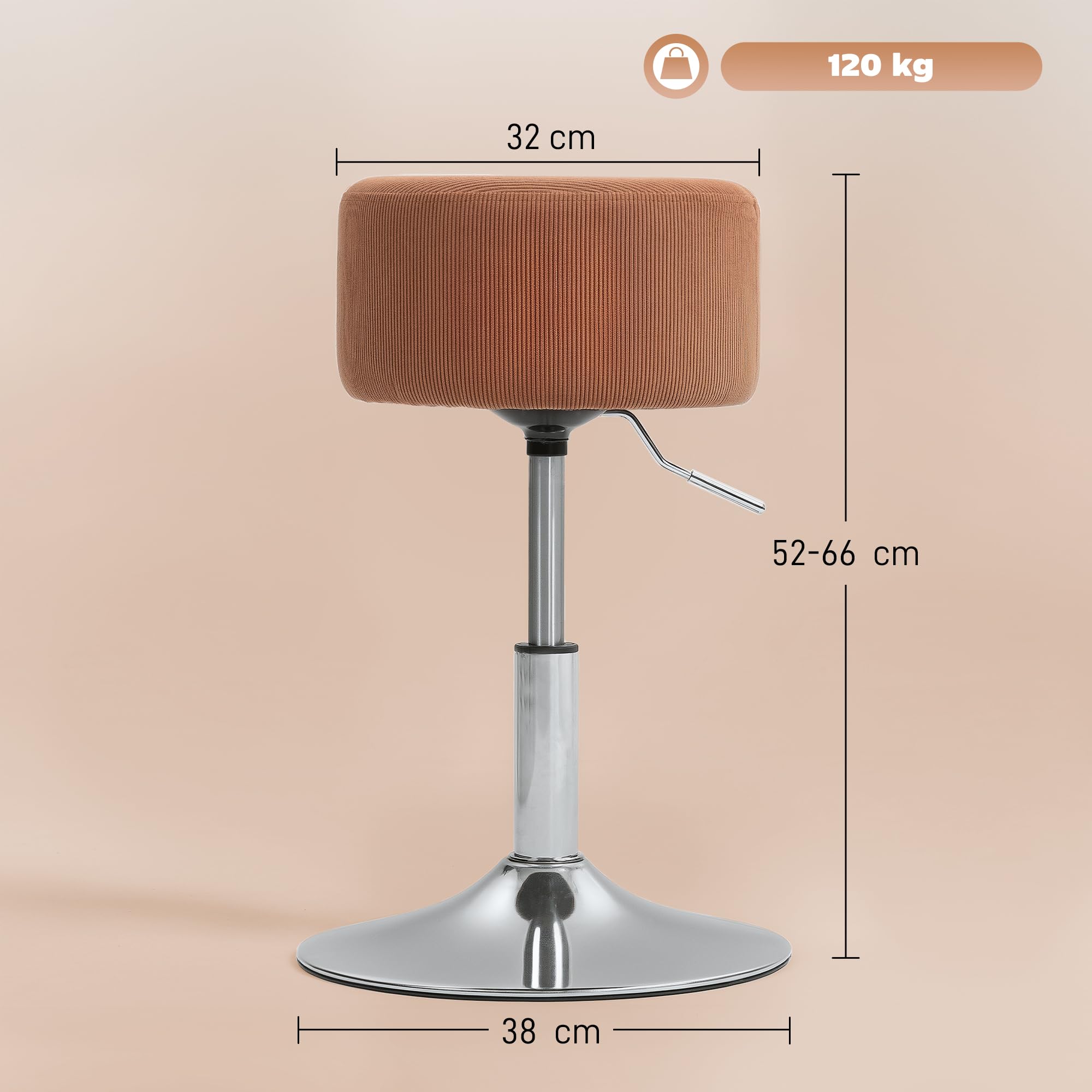 HOMCOM Taburete de Bar Taburete Giratorio Regulable en Altura 52-66 cm Tapizado en Pana Giratorio en 360° Silla Alta para Cocina Comedor Tocador Mostrador Marrón