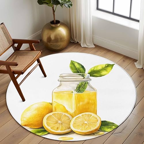 Miniatura 3 de 7ft Round Rug, Summer Lemon Non-Skid Rubber Backing Large Area Rugs - Living Room Bedroom Home Office, Yellow Watercolor Pastel Country Retro Indoor