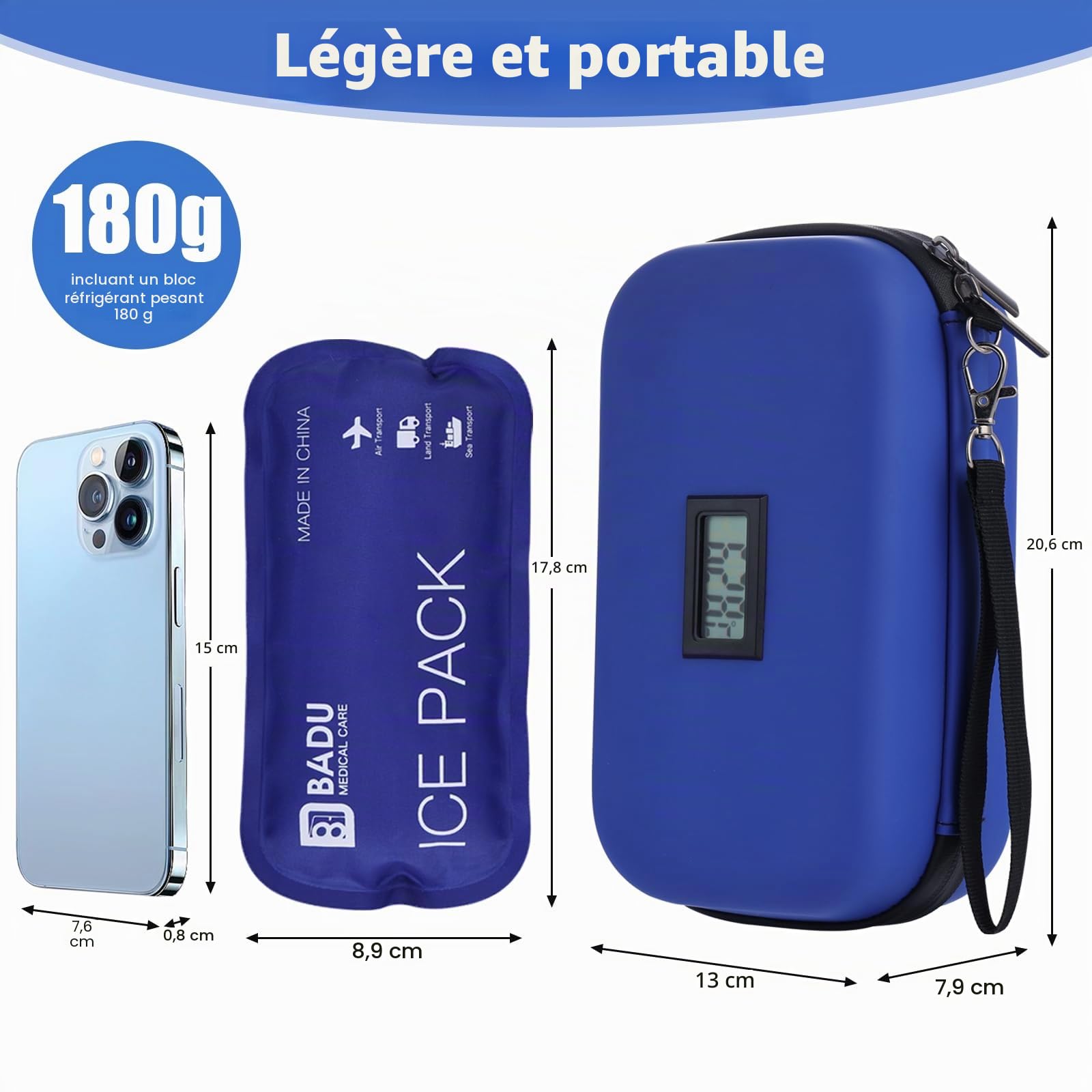 Glacière à insuline approuvée par la TSA pour Voyage avec thermomètre, Affichage de la température, Sac de Voyage pour diabétique avec 2 Blocs réfrigérants réutilisables pour Voyage