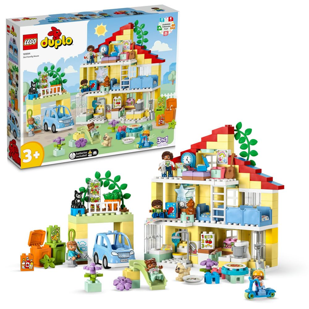 LEGO 10994 DUPLO Town 3in1 Family House, Brick-Built Dolls House with Push&Go Car, 5 Figures, 2 Animals and Light-Up Toy Lamp, Playhouse Toys for Toddlers, Girls and Boys Aged 3+