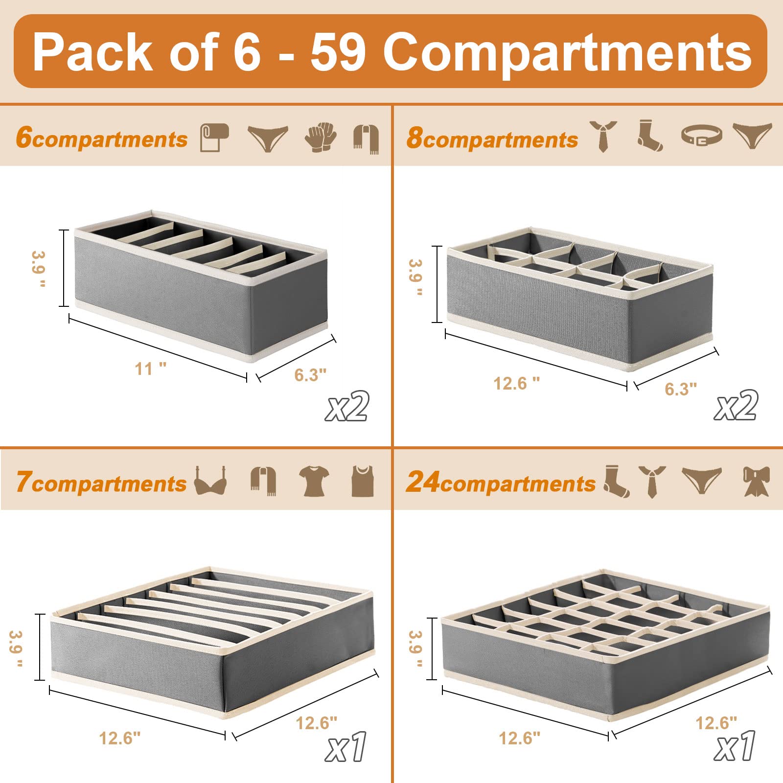 Organizador de cajones plegable con 59 compartimentos, caja de almacenamiento de tela para calcetines, brasieres y ropa interior, divisor de armario y cómoda para una organización óptima