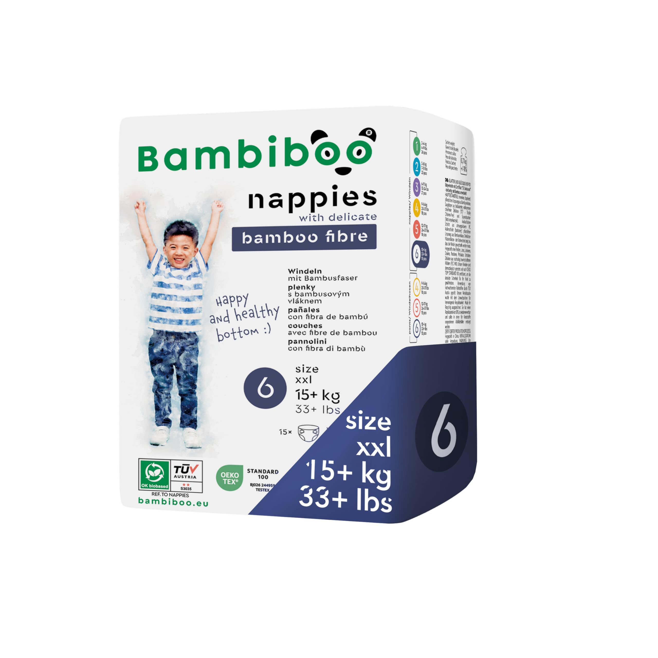 Bambiboo Hautfreundliche Babywindeln mit weicher Bambusfaser für Kinder - Baby Windeln - Windeln Wegwerfwindeln - Schutz für die Haut - Größe 6 (XXL), 15 Stück