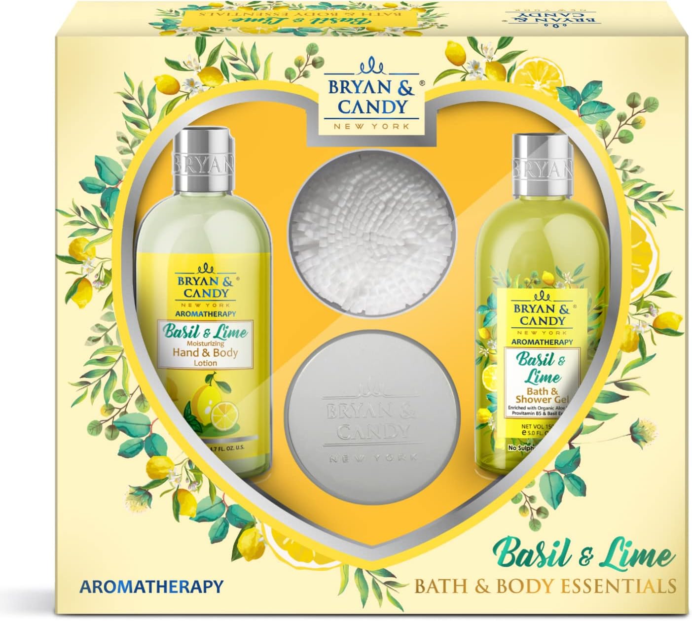 Bryan & Candy New York Basil And Lime Gift Set For Women Heart Combo Kit, Shower gel, Hand & body Lotion, Body Polish, Loofah (Pack of 3)