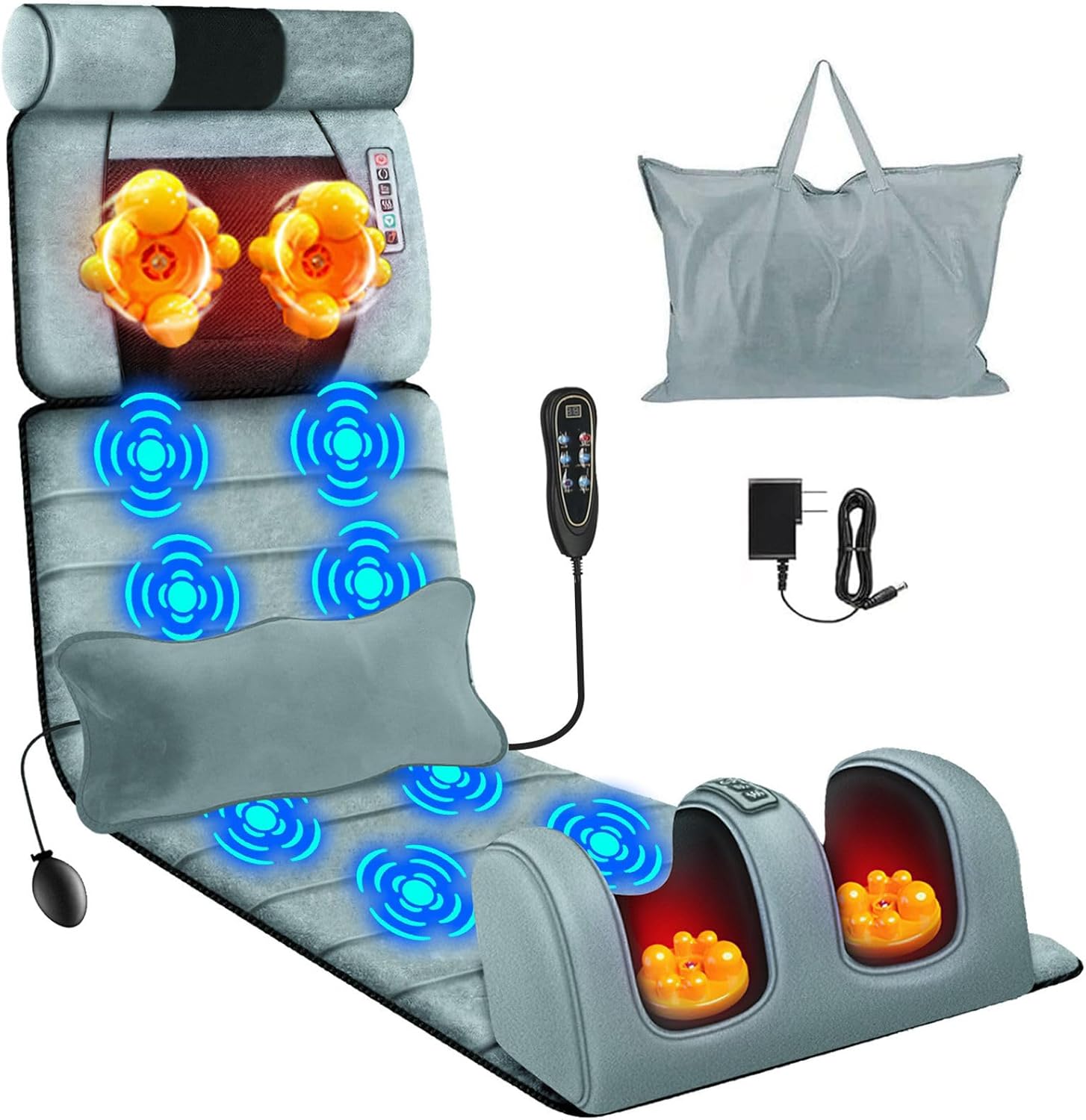 Full Body Massage Mat with Heat & Movable Shiatsu Neck Back Massager Pillow & Foot Massager, Massage Mattress Pad with Top Pillow & Lumbar Support, 10 Vibration Motors,9 Massage Modes & 3 Heating Pads FuII massage mat +Shiatsu foot massager +Lumbar pillow