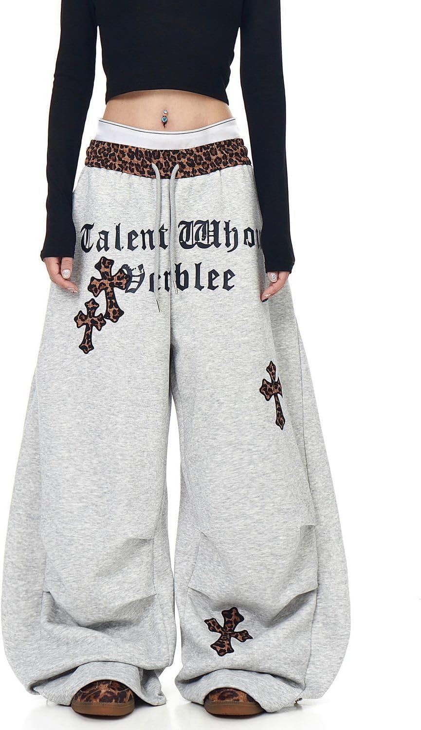 Trendy Sweatpants Women Oversized Graphic Print Grunge Pants Elastic Waist Cinched Bottom Streetwear Goth Sweatpants