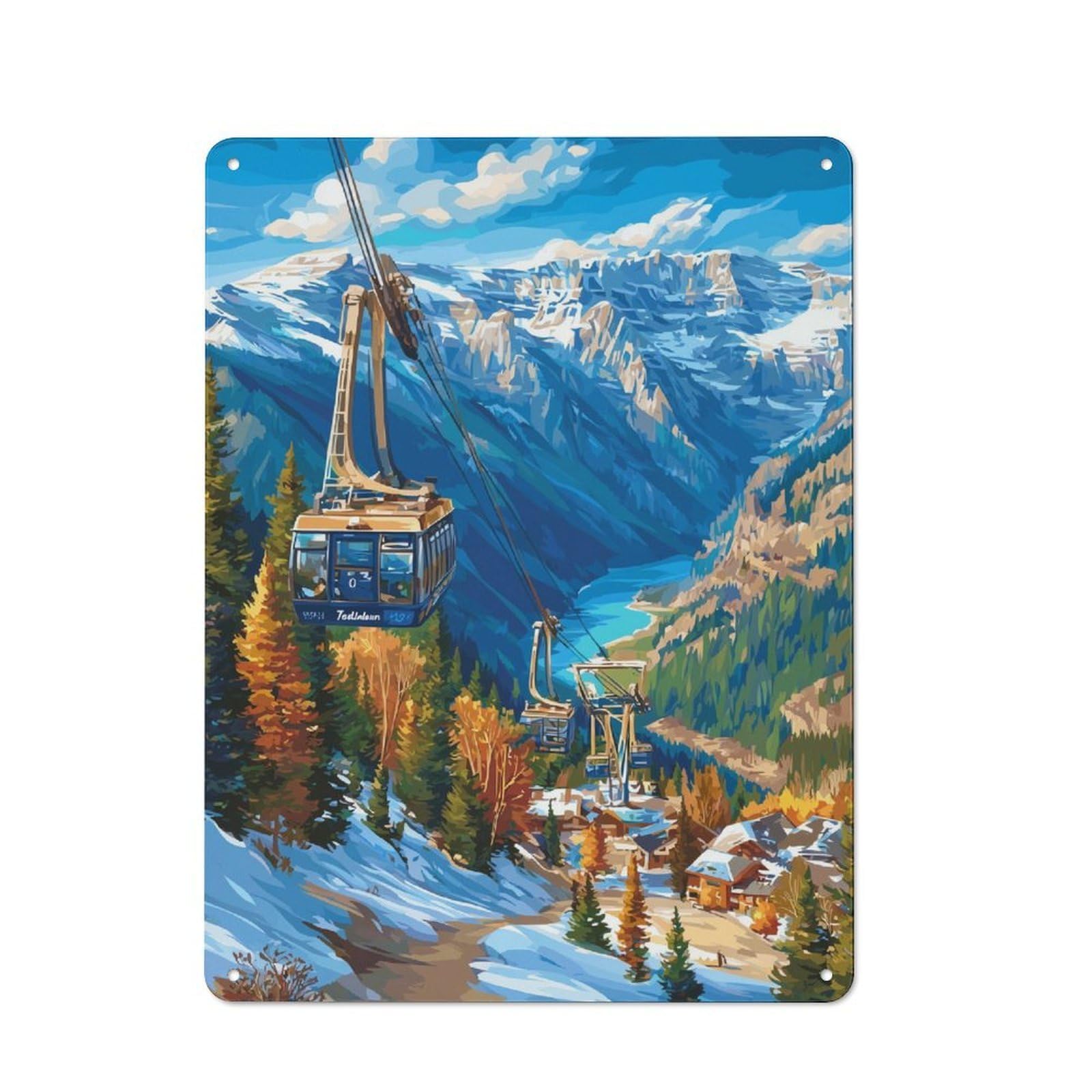 Junmoney Mountain Cable Car Scene Distressed Look Decorative Tin Sign 40X30cm, Retro Room Decor For Lounge, Study, Pub Or Wall Gallery