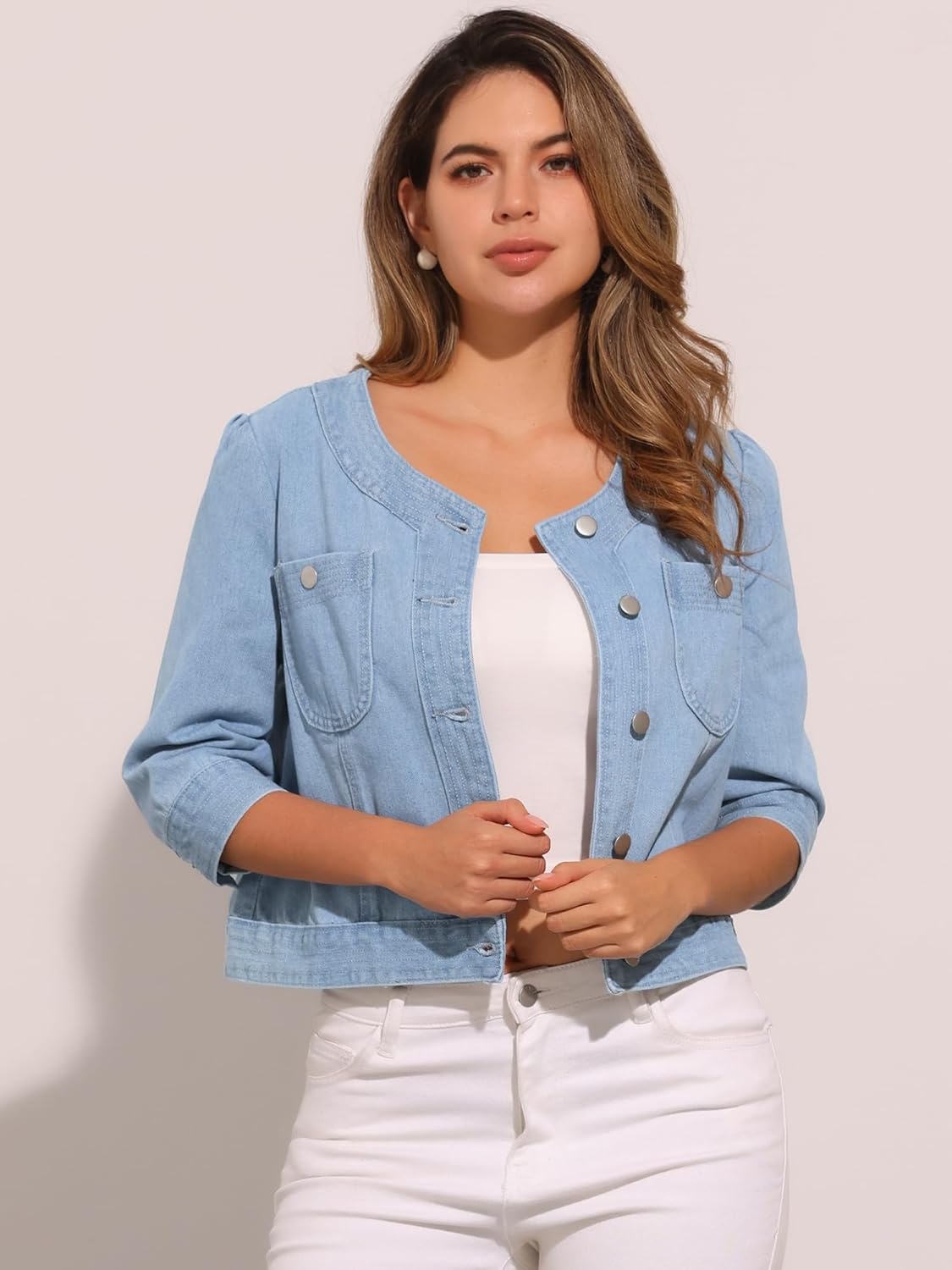 Allegra K Women's Denim Jacket 3/4 Sleeve Collarless Cardigan Button Up Cropped Jean Jacket - Image 2