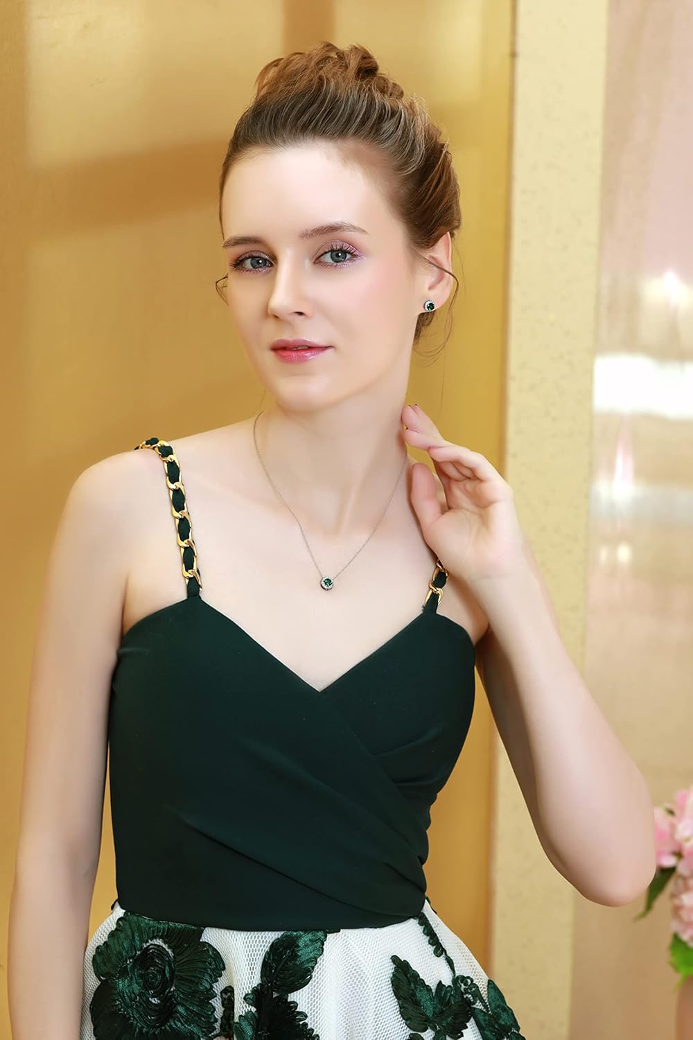 B. BRILLIANT Emerald Necklace for Women Sterling Silver Simulated Green Gemstone & White Topaz Round Halo Slide Pendant for Bridesmaids Gift Summer Fashion Trendy - Image 2