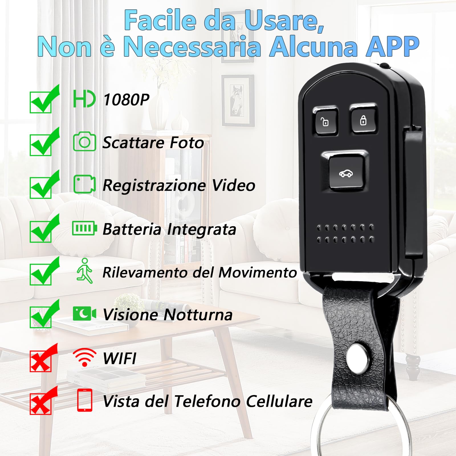 Micro Telecamera Spia Nascosta, Spy Cam Chiave Auto 1080P HD Invisibile