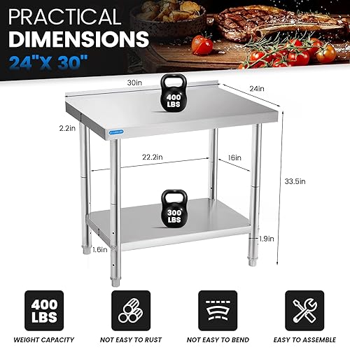 Miniatura 69 de Mesa de acero inoxidable para preparación y trabajo con 4 ruedas giratorias con estante inferior de 24 x 36 pulgadas NSF de metal comercial