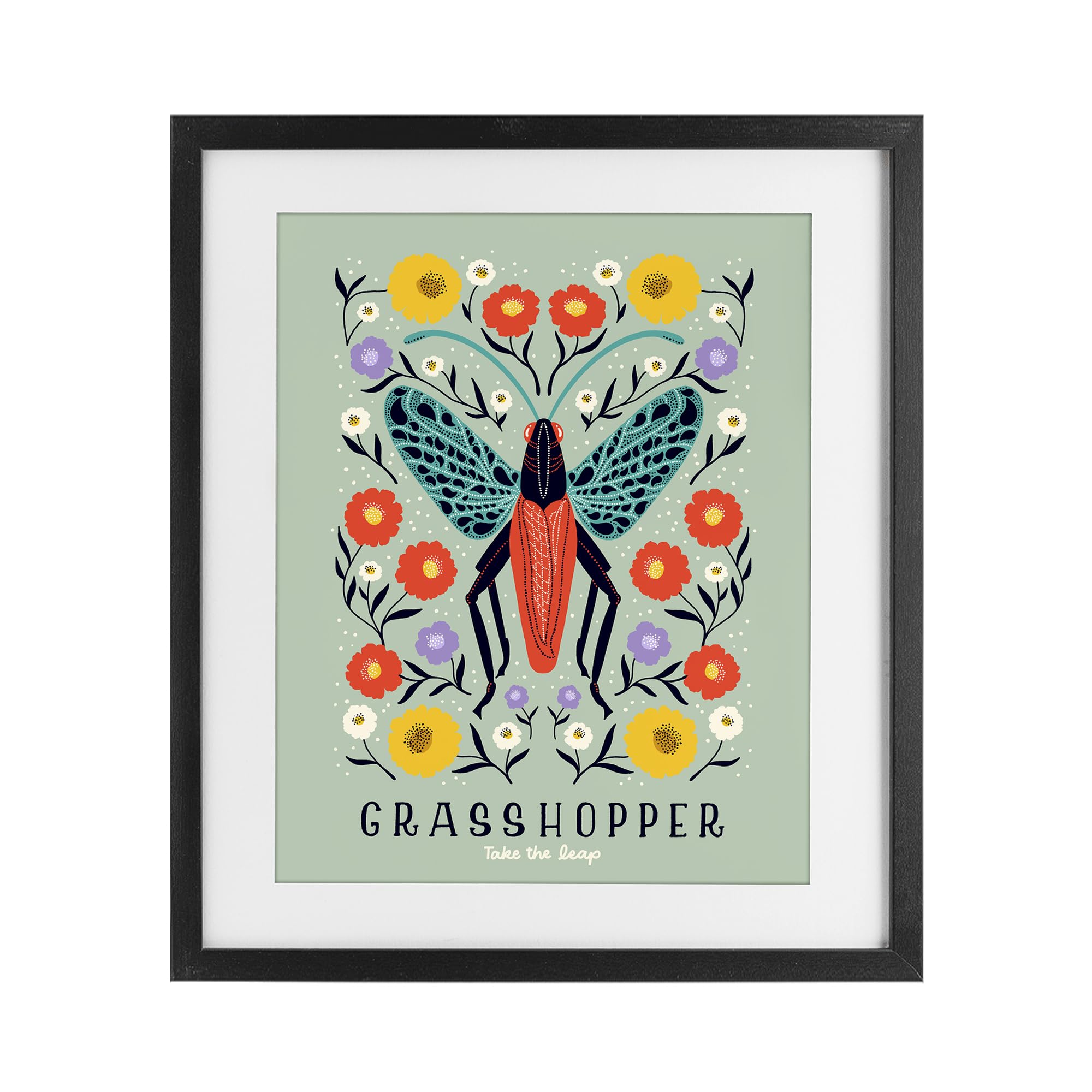Stupell Industries 'Symmetrical Grasshopper with Blooms', Framed Print Under Glass, Black, 17 x 21 Inches, Easy to Hang and Sturdy, Made in USA, by Indira Prieto | IndySign