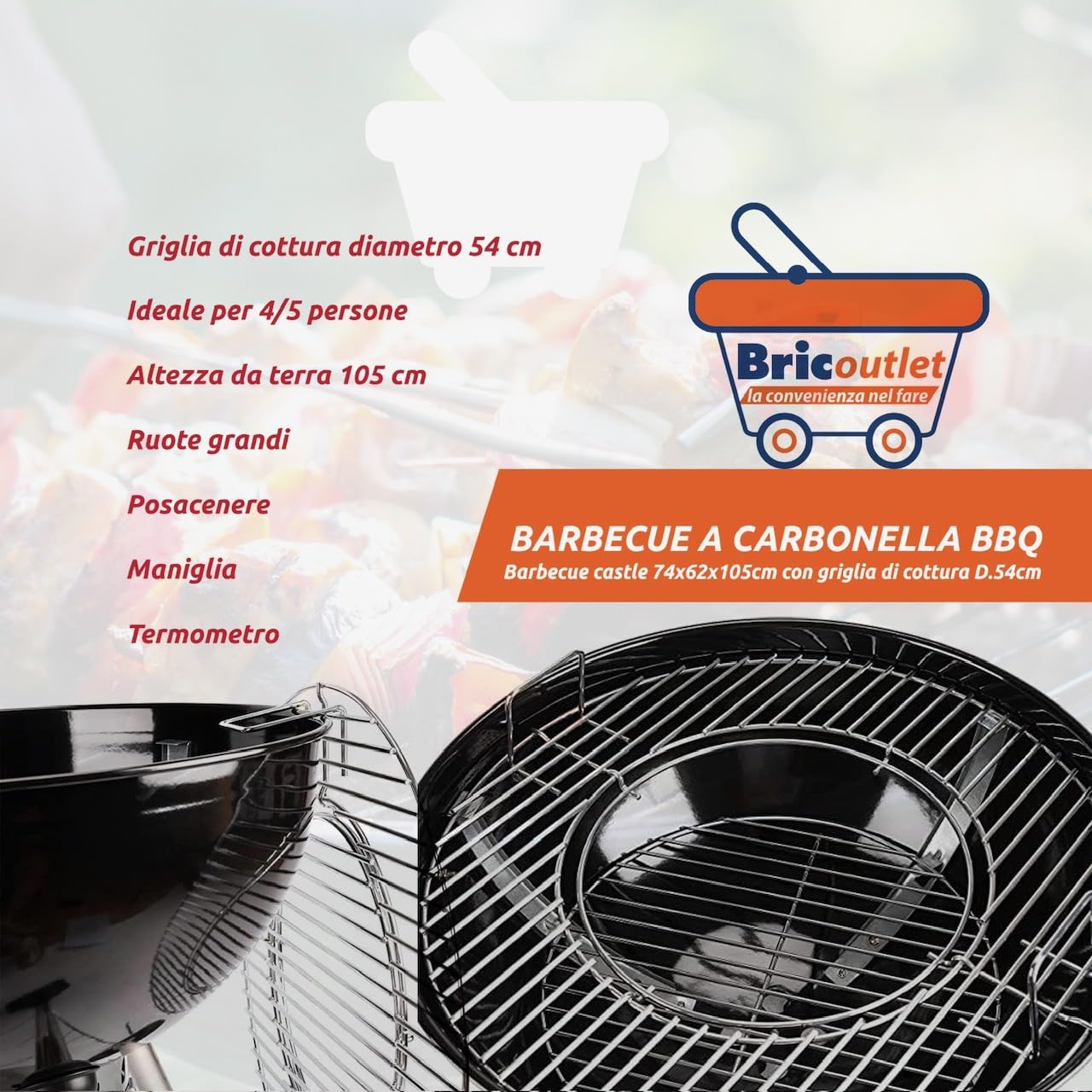 Barbecue a carbonella BBQ, Griglia di cottura D.54cm - Castle