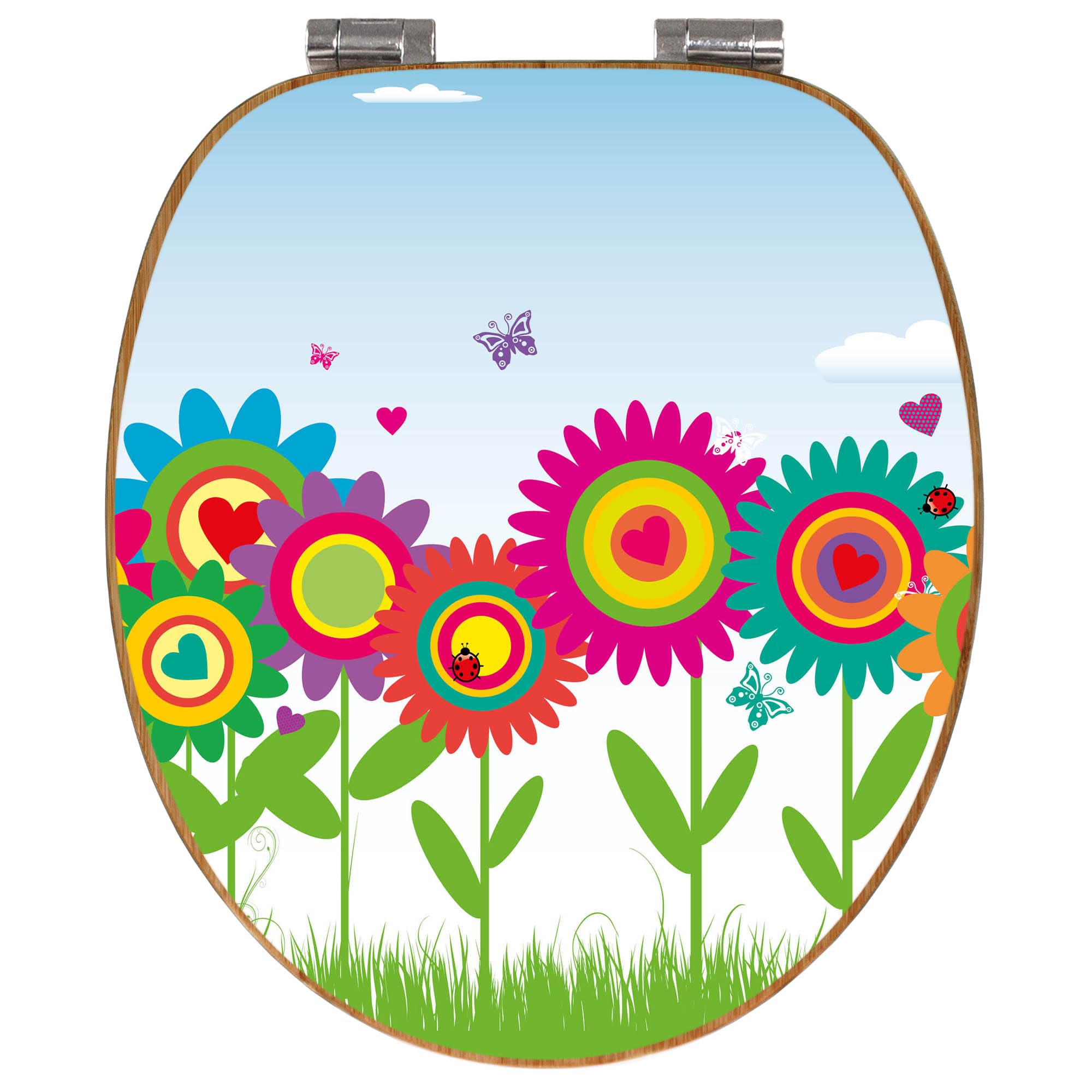 banjado Design WC Sitz Bambus Absenkautomatik 45,8x37,5cm - Toilettendeckel mit Absenkautomatik Holz - hochwertiger Bambus Klodeckel - WC-Sitz für gängigen Toiletten - Motiv Bunte Blumen