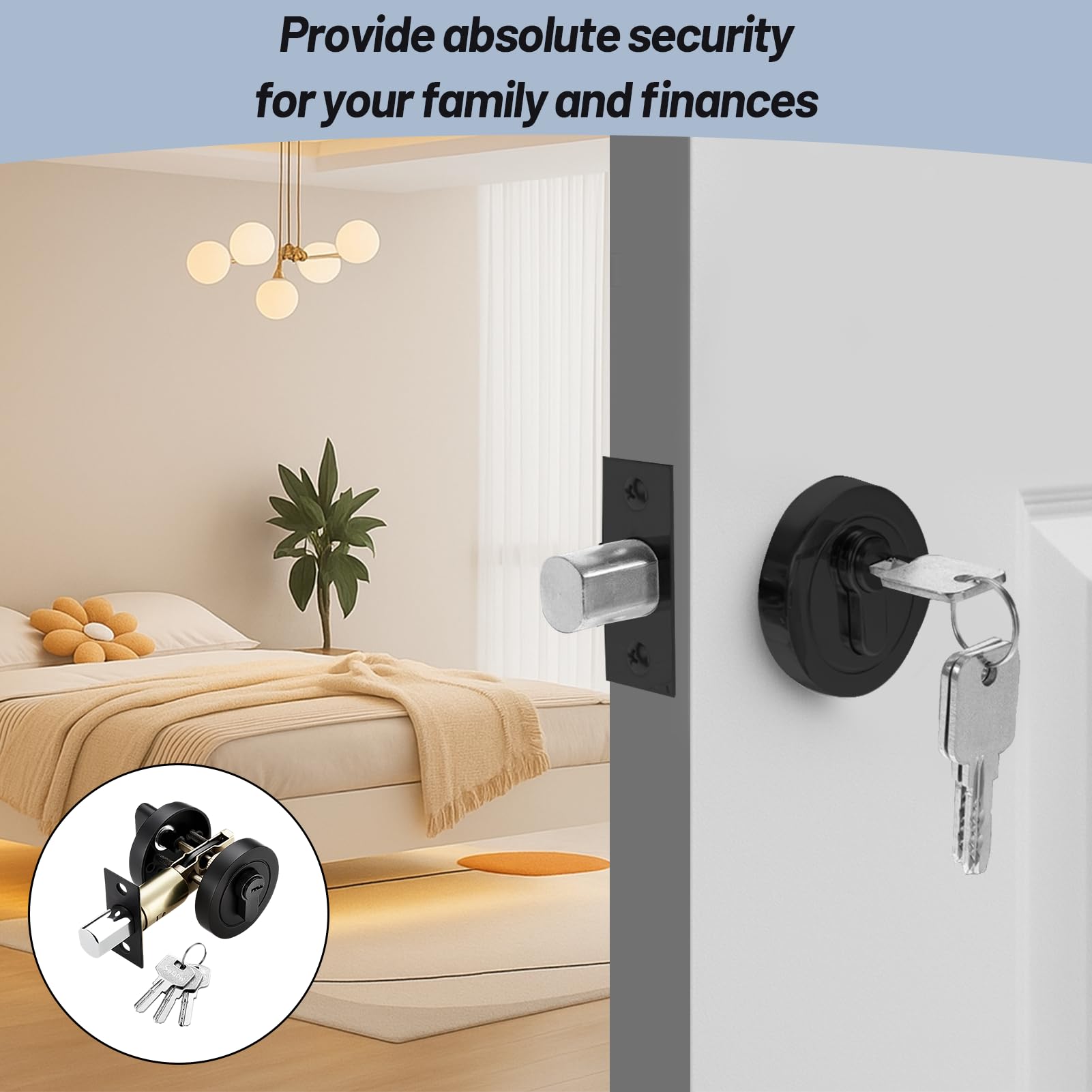 Single Cylinder Deadbolt Black Round Security Door Lock with Key, Zinc Alloy Deadbolt, Standard Size for Bathroom Bedroom - Image 4