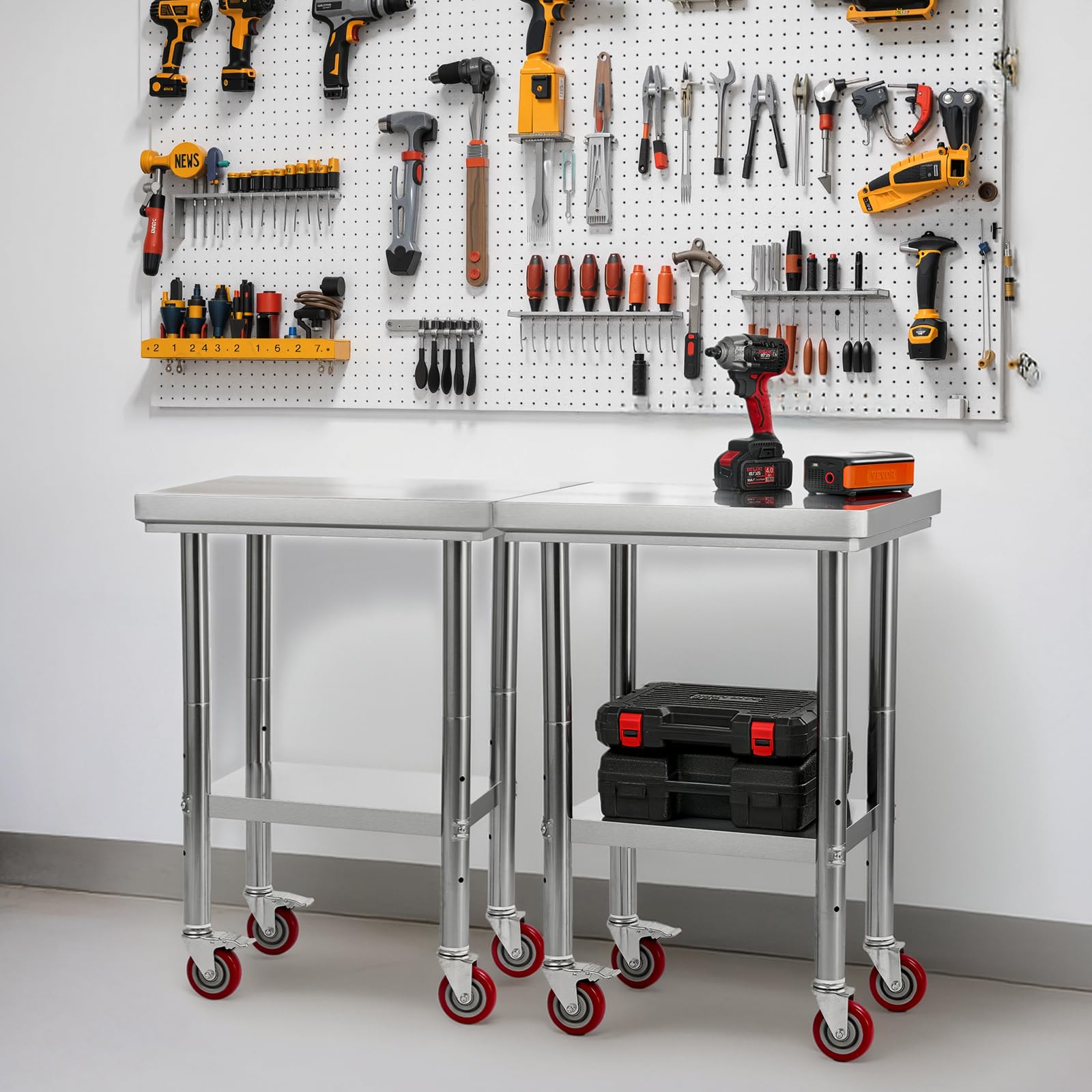 VEVOR Mesa de Trabajo de Acero Inoxidable, Mesa de Preparación con 4 Ruedas, Estantería de Trabajo de Preparación de Alimentos con Estantes Ajustables para Cocina, Garaje, Taller, 61 x 45 x 86 cm