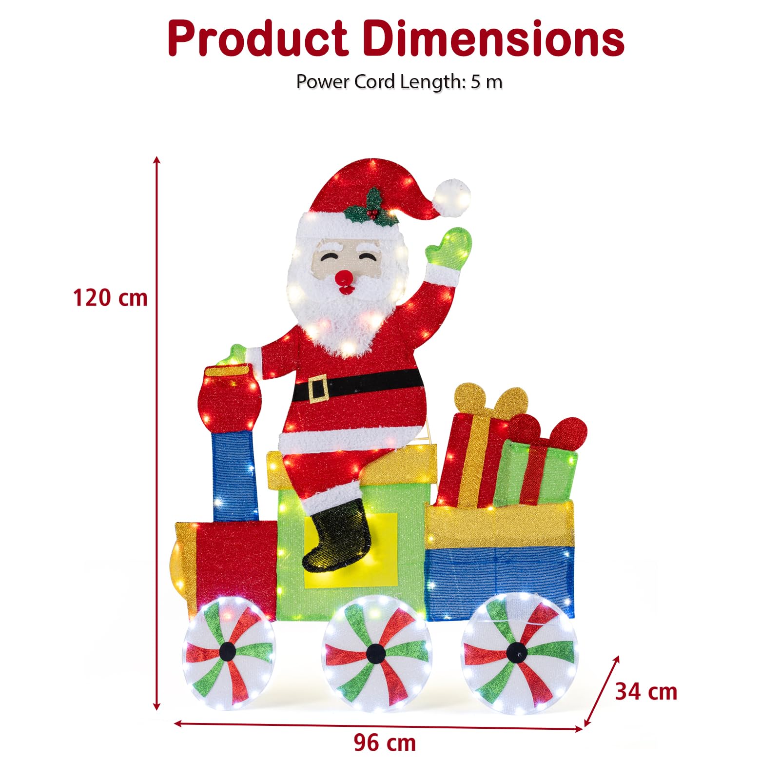 SOARS LED Weihnachtsmann 2D, Weihnachtsfigur groß 120cm im Zug, Weihnachtsdeko Outdoor mit 133 warmweißen LEDs, Weihnachtsdekoration wetterfest, Weihnachtsbeleuchtung für innen & außen